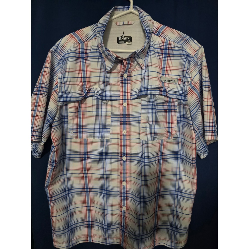 Habit Mens Solar-Factor Fishing Shirt Large Plaid Short Sleeve Ventilated Blue